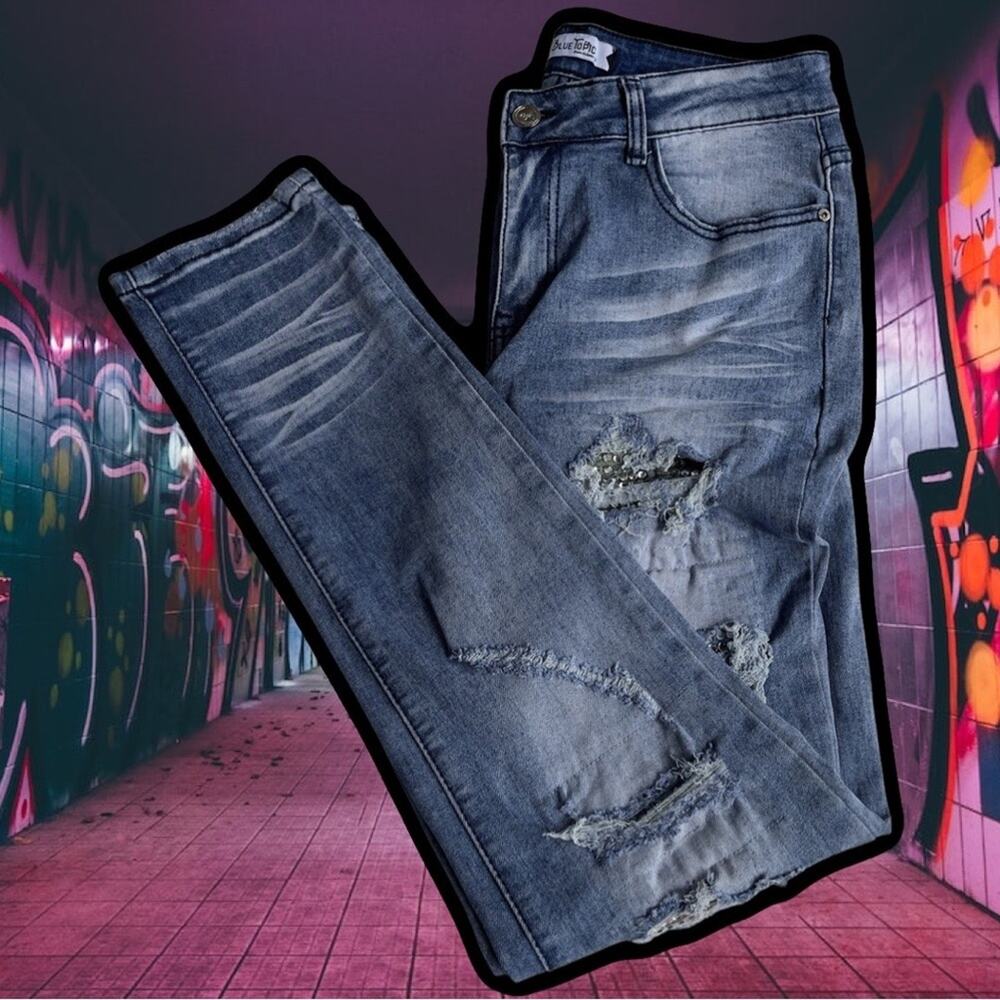 Blue Topic Rhinestone Studded Patch Distressed Denim Jeans Y2K Style - Size 9/10 - Picture 13 of 16
